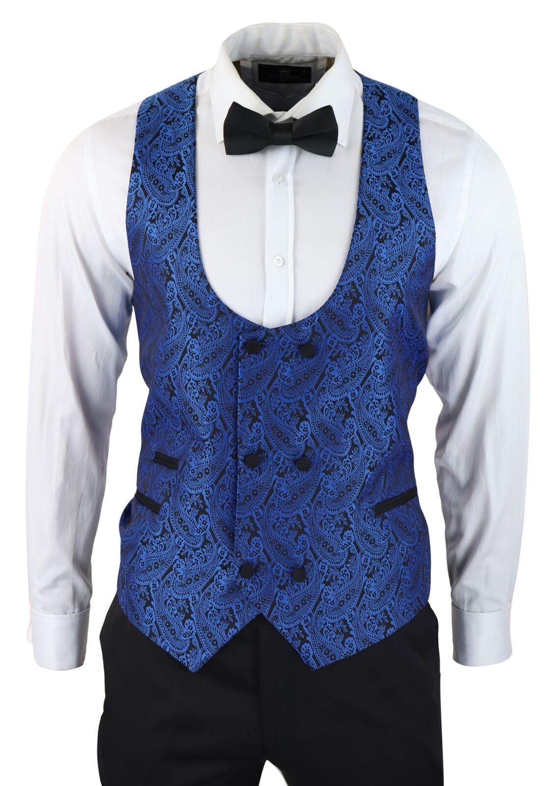 Mens Blue Tuxedo Blazer Waistcoat Brocade Black Satin Paisley Dinner Jacket