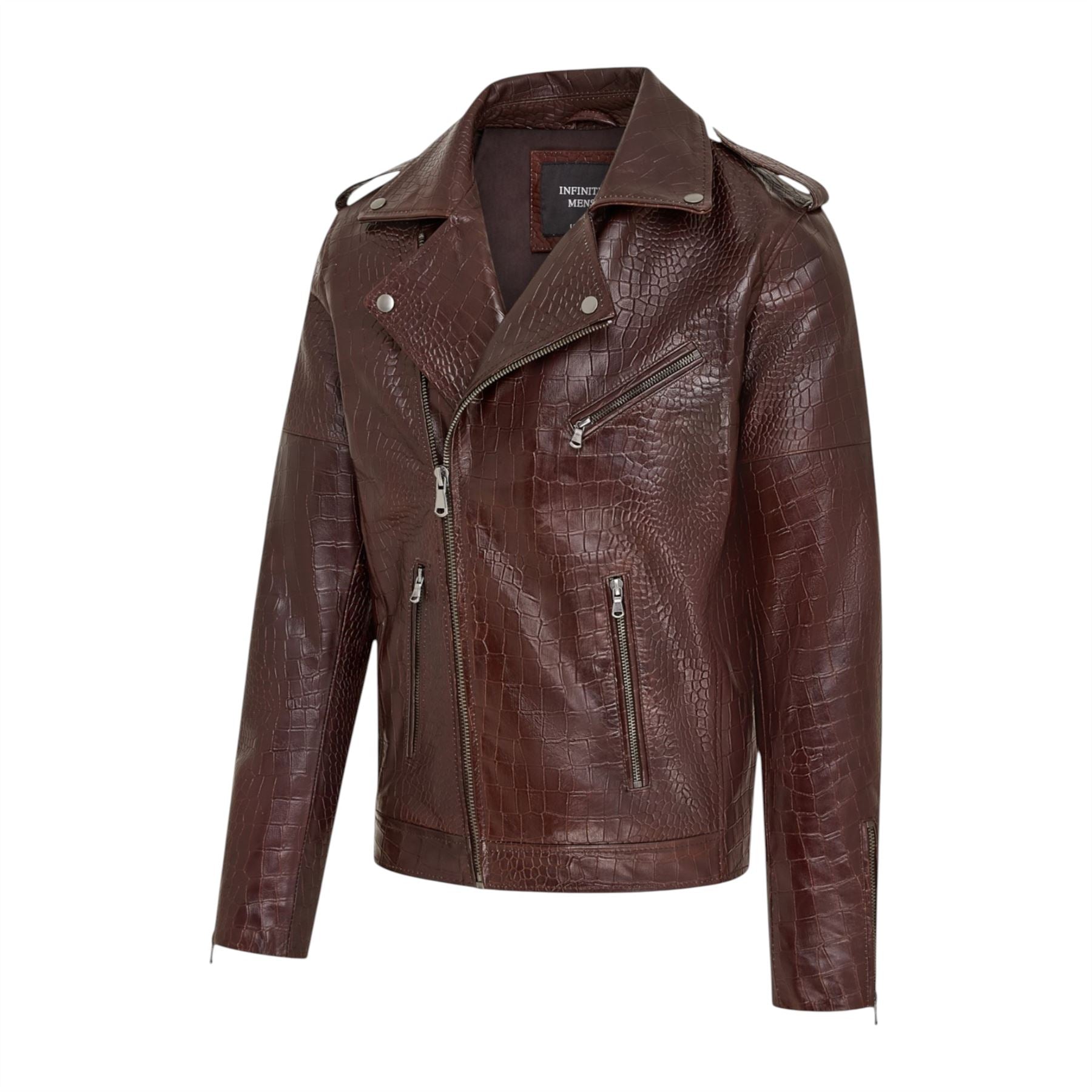 Mens Cow Leather Alligator Print Embossed Biker Jacket - Rot