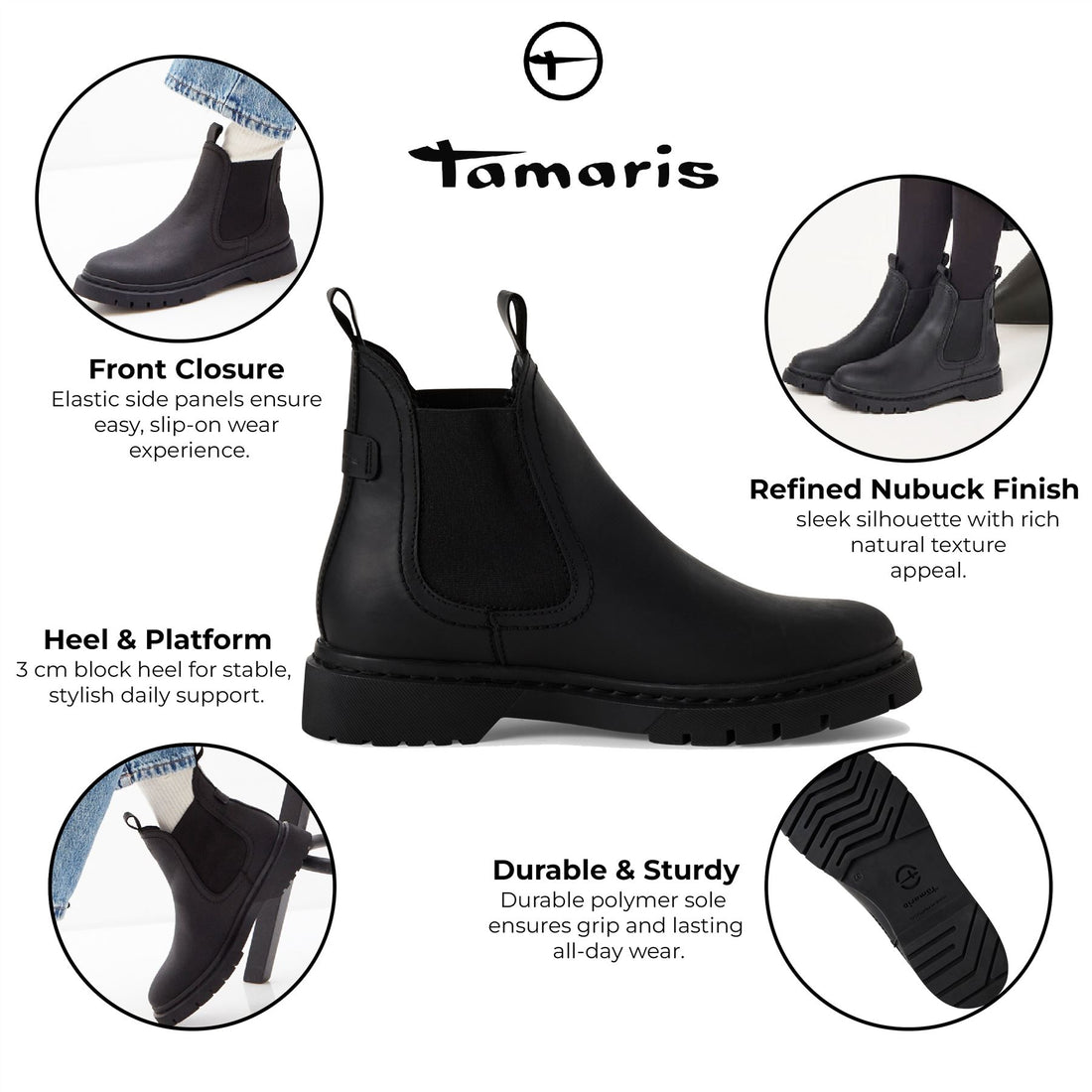 Tamaris Womens Black Leather Classic Chelsea Ankle Boots