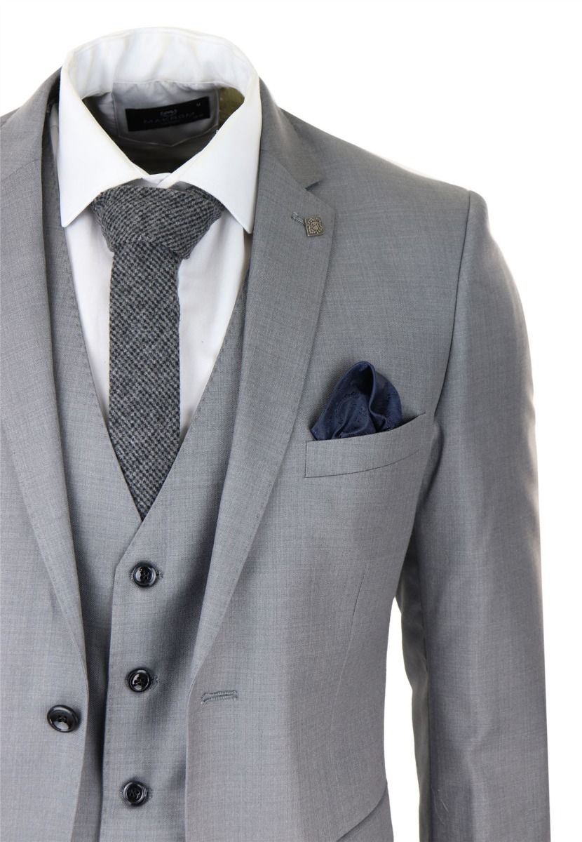 Mens 3 Piece Light Grey Classic Stitch Retro Suit