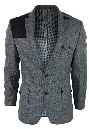 Mens Wool Tweed Shooting Jacket Hunting Blazer Smart Casual Elbow Patch Grey