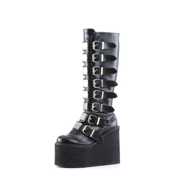 Demonia Swing 815 Black Vegan Knee-High Platform Boots - Upperclass Fashions 
