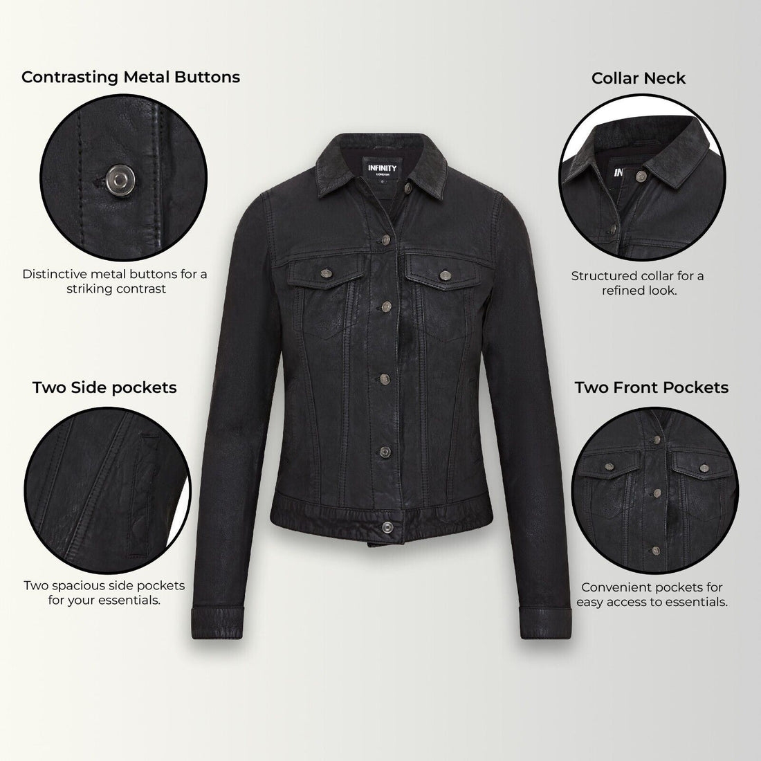 Womens Black Leather Trucker Jeans Jacket- Watton