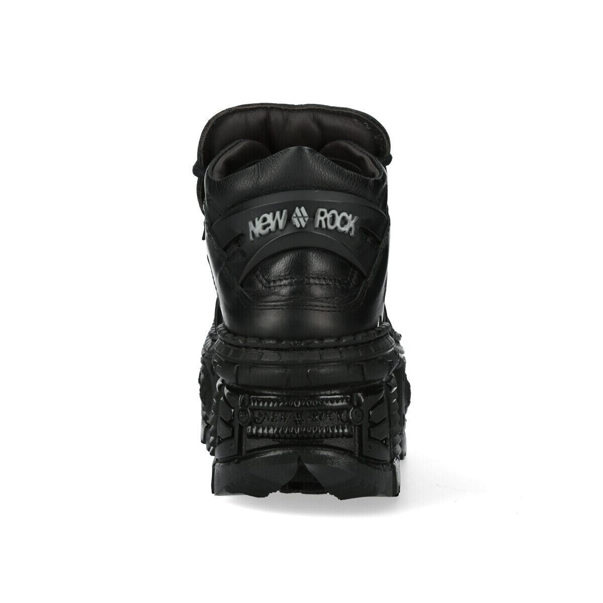 New Rock Metallic Ankle Black Leather Boots-WALL106-S12