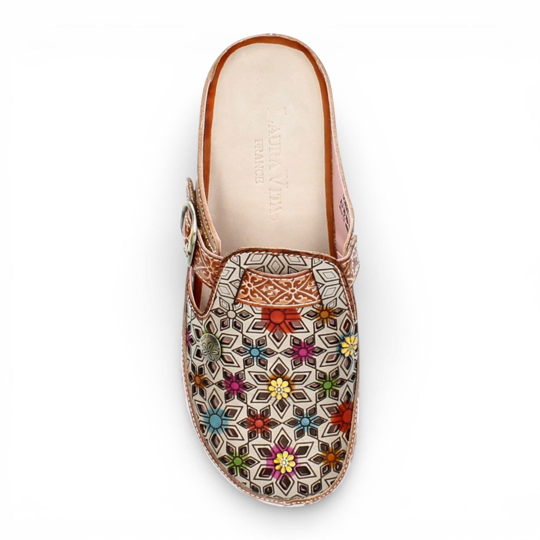 Laura Vita Women’s Dorry 01 Floral Beige Leather Wedge Slipper Sandals