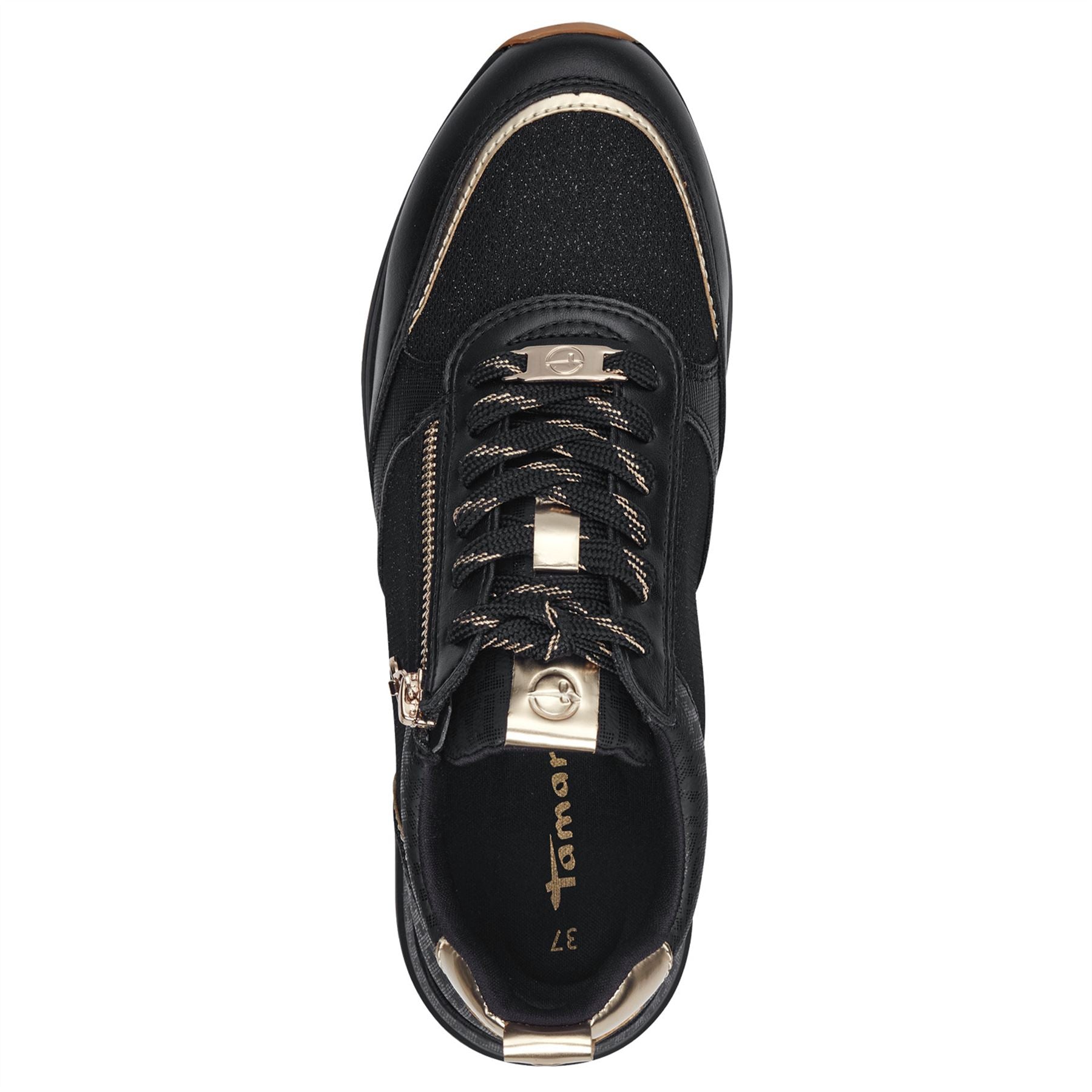 Tamaris Womens Black Gold Fashion Lace-up Zipped Sneakers Trainers
