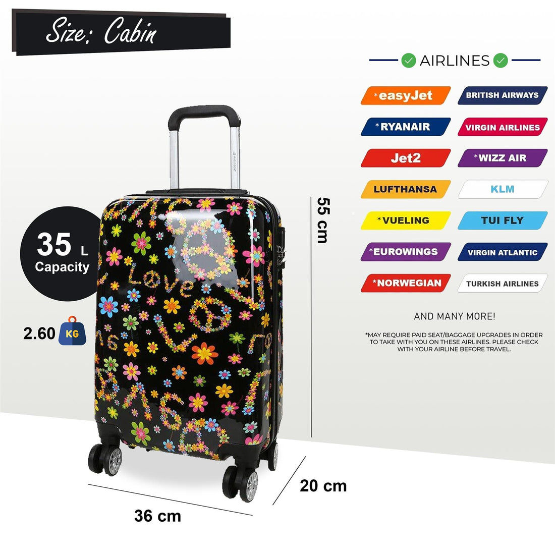 Hard Shell 4 Wheel Suitcase Print Luggage Cabin Travel Bag