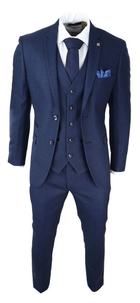 Mens 3 Piece Navy Blue Birdseye Tweed Classic Suit
