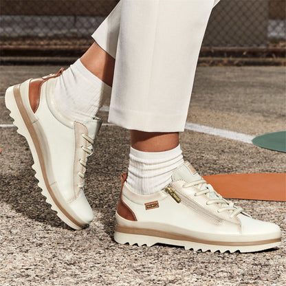 Pikolinos Women’s Nata White Leather Laces &amp; Zipper Trainers - Vigo