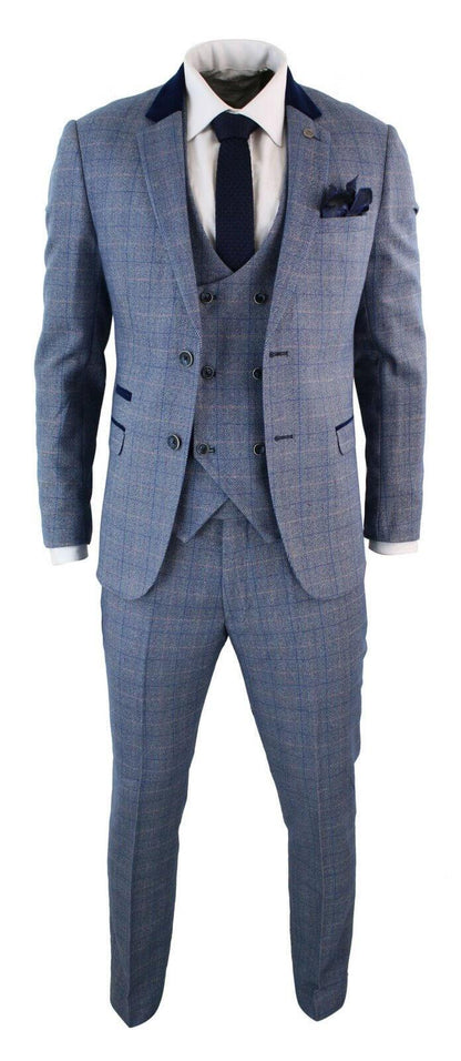 Mens 3 Piece Blue Grey Herringbone Check Suit - Upperclass Fashions 