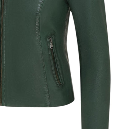 Womens Leather Stand Collar Racer Biker Jacket - 181