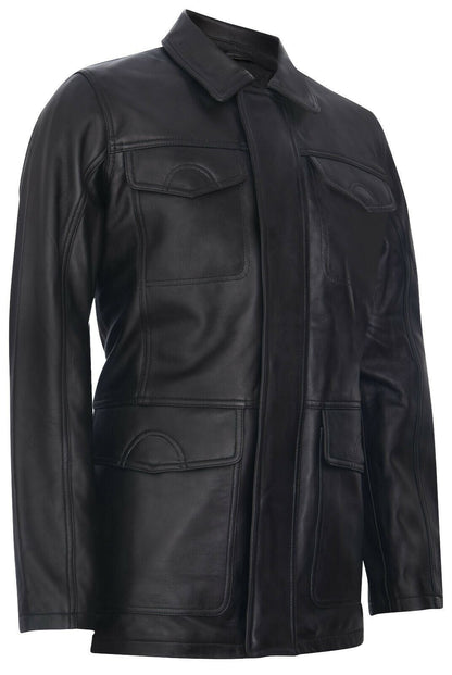 Mens Mid-Length Black Leather Safari Jacket-Fareham