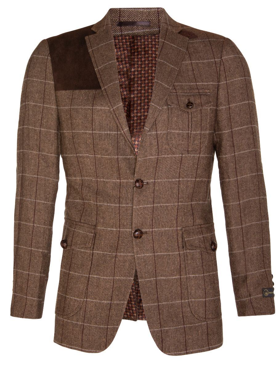 Mens Wool Tweed Shooting Check Hunting Herringbone Blazer Oak Elbow Patch Jacket
