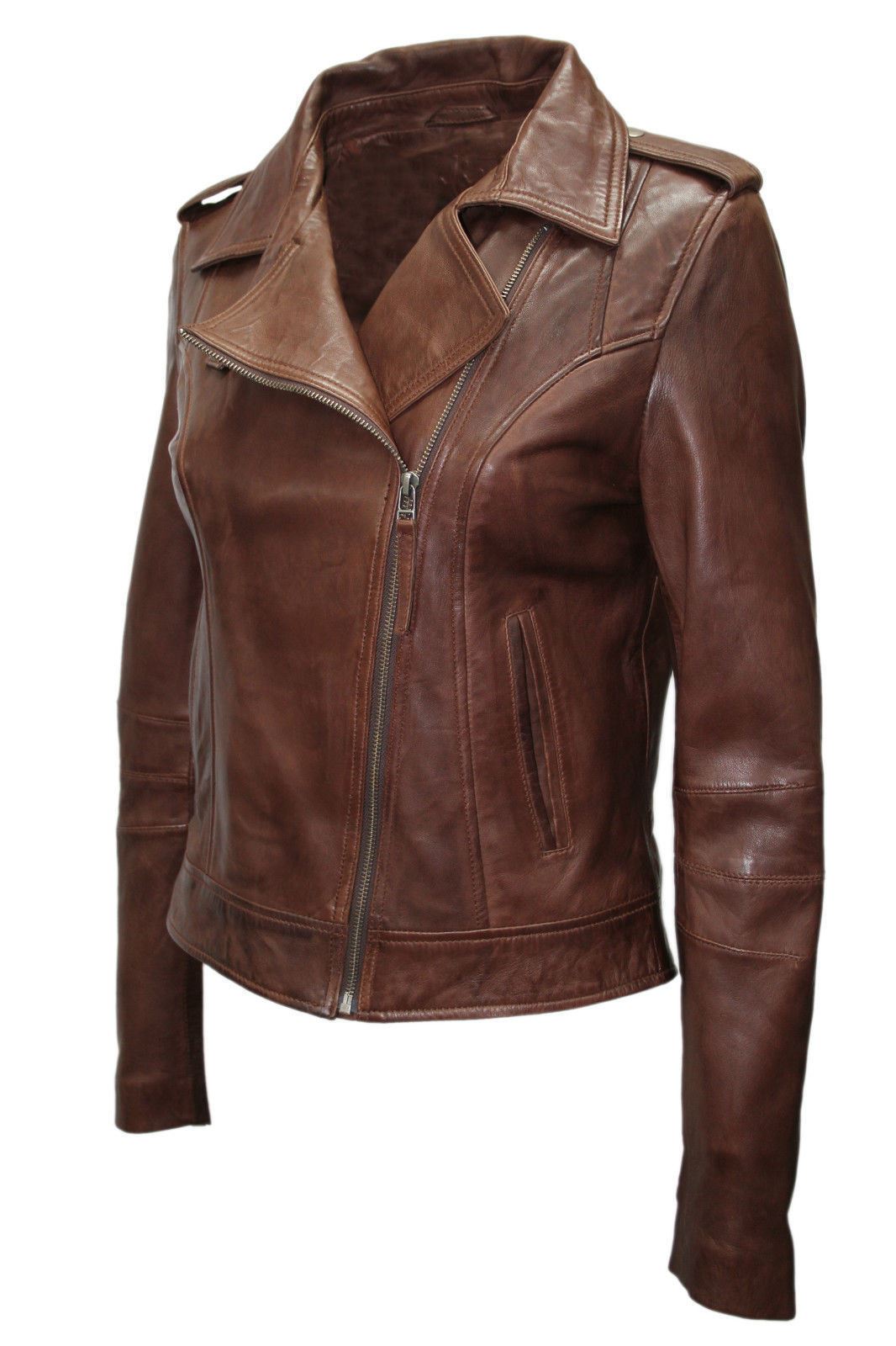 Womens Vintage Chestnut Leather Biker Jacket-Meltham