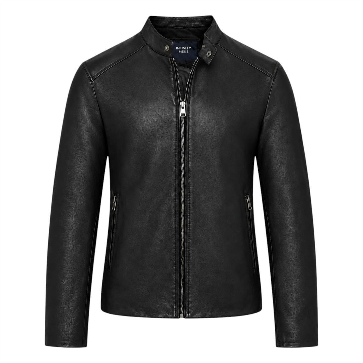 Mens Leather Stand Collar Cafe Racer Biker Jacket - E184
