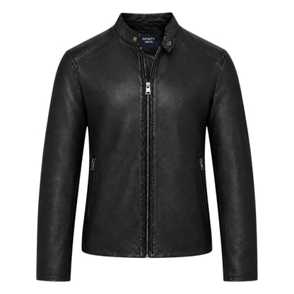 Mens Leather Stand Collar Cafe Racer Biker Jacket - E184