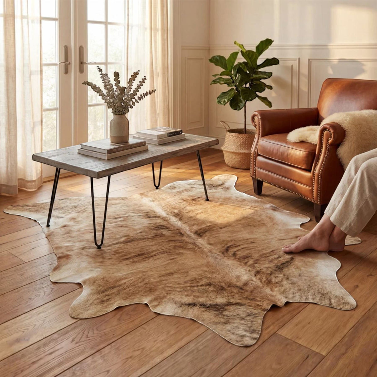 Natural Cow Leather Cowhide Hairon Rug - Light Brindle