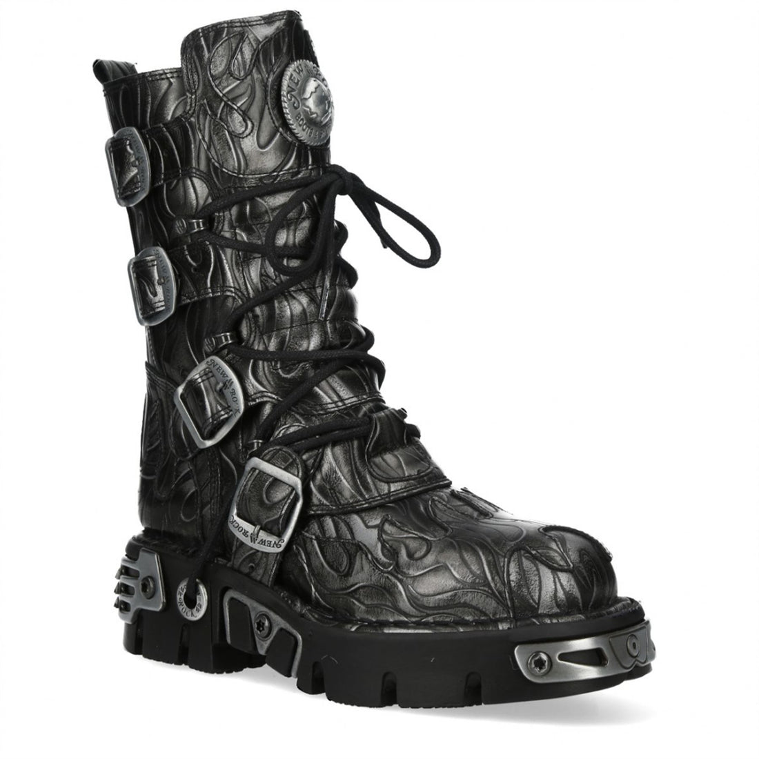 New Rock M-591-C63 Mid-Calf High Black Steel Leather Metallic Gothic Boots