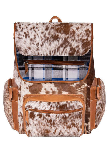 Deluxe Tan Brown Leather Backpack Bag Genuine Cowhide &amp; Cow Fur Travel Rucksack