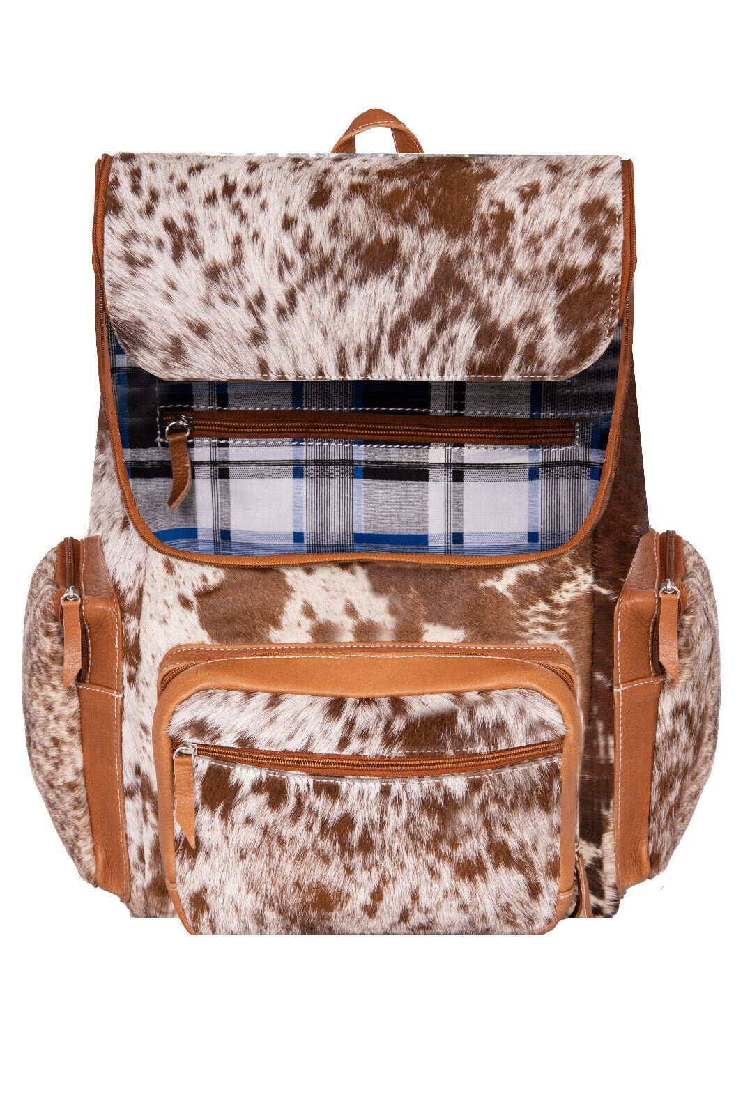 Deluxe Tan Brown Leather Backpack Bag Genuine Cowhide &amp; Cow Fur Travel Rucksack - Upperclass Fashions 
