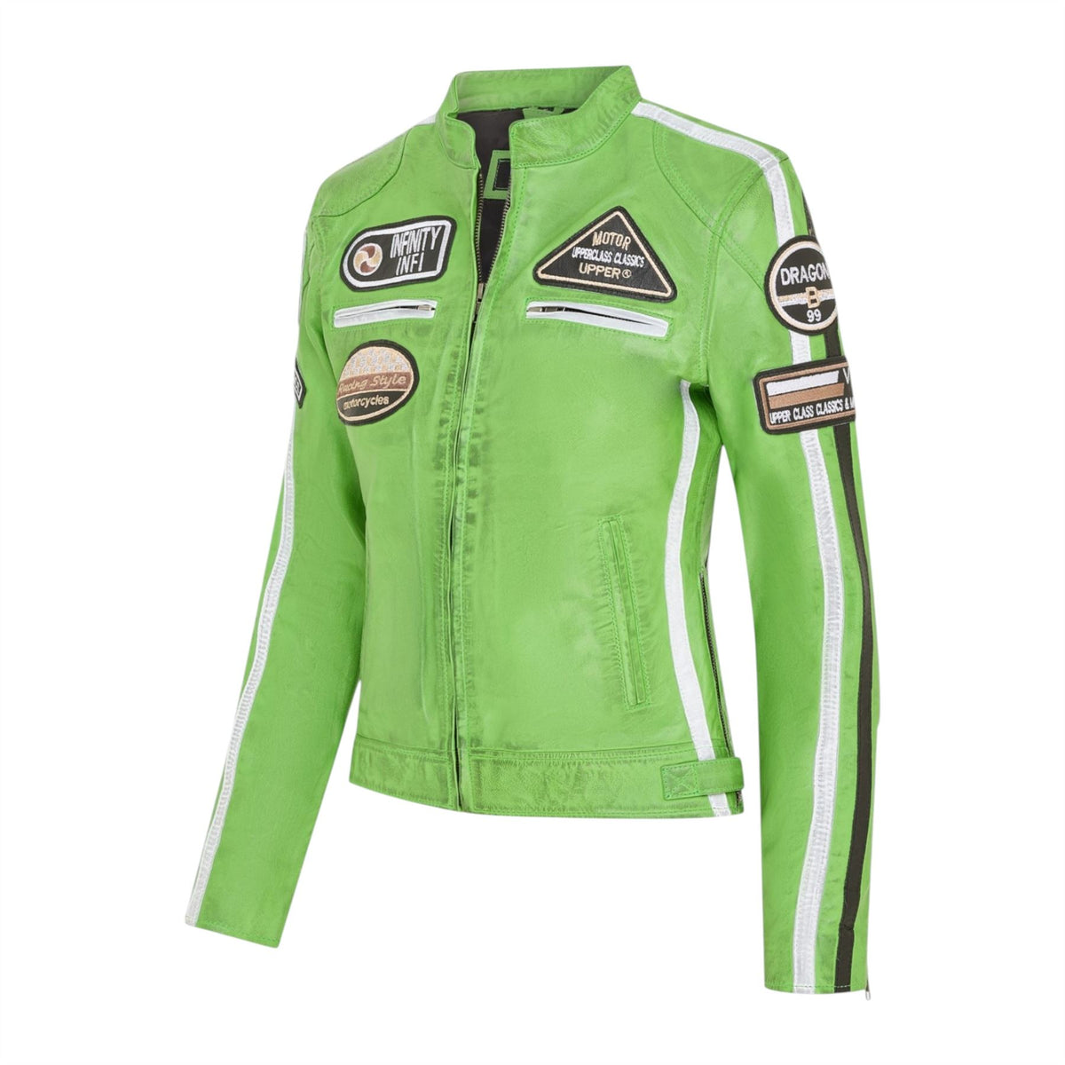 Womens Biker Racing Badges Leather Jacket-Eastleigh