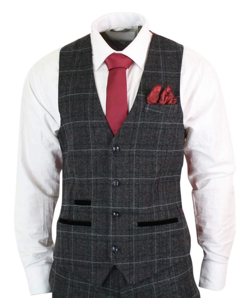 Mens 3 Piece Charcoal Grey Tweed Check Vintage Retro Suit