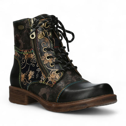 Laura Vita Anita 006 Black Floral Womens Gothic Victorian Leather Ankle Boots