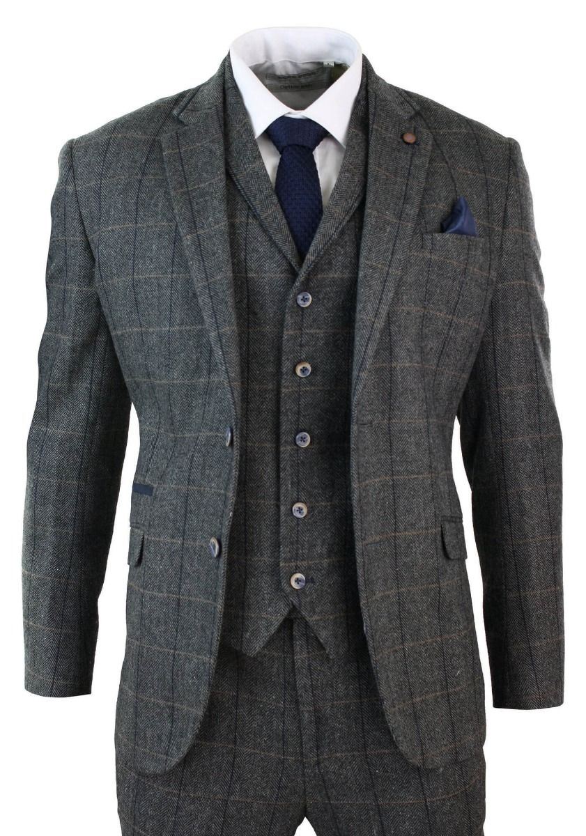 Mens 3 Piece Charcoal Grey Check Tweed Herringbone Vintage Classic Suit