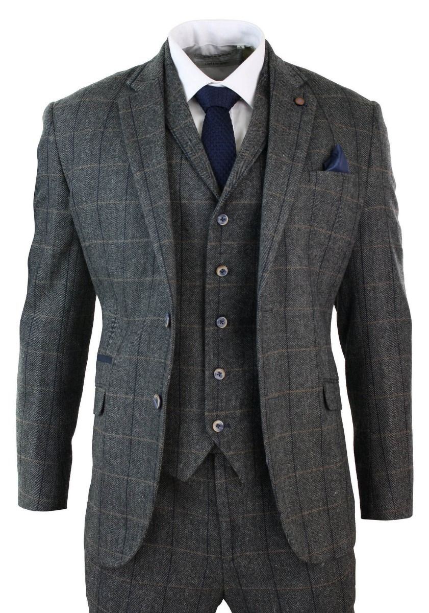 Mens 3 Piece Charcoal Grey Check Tweed Herringbone Vintage Classic Suit - Upperclass Fashions 