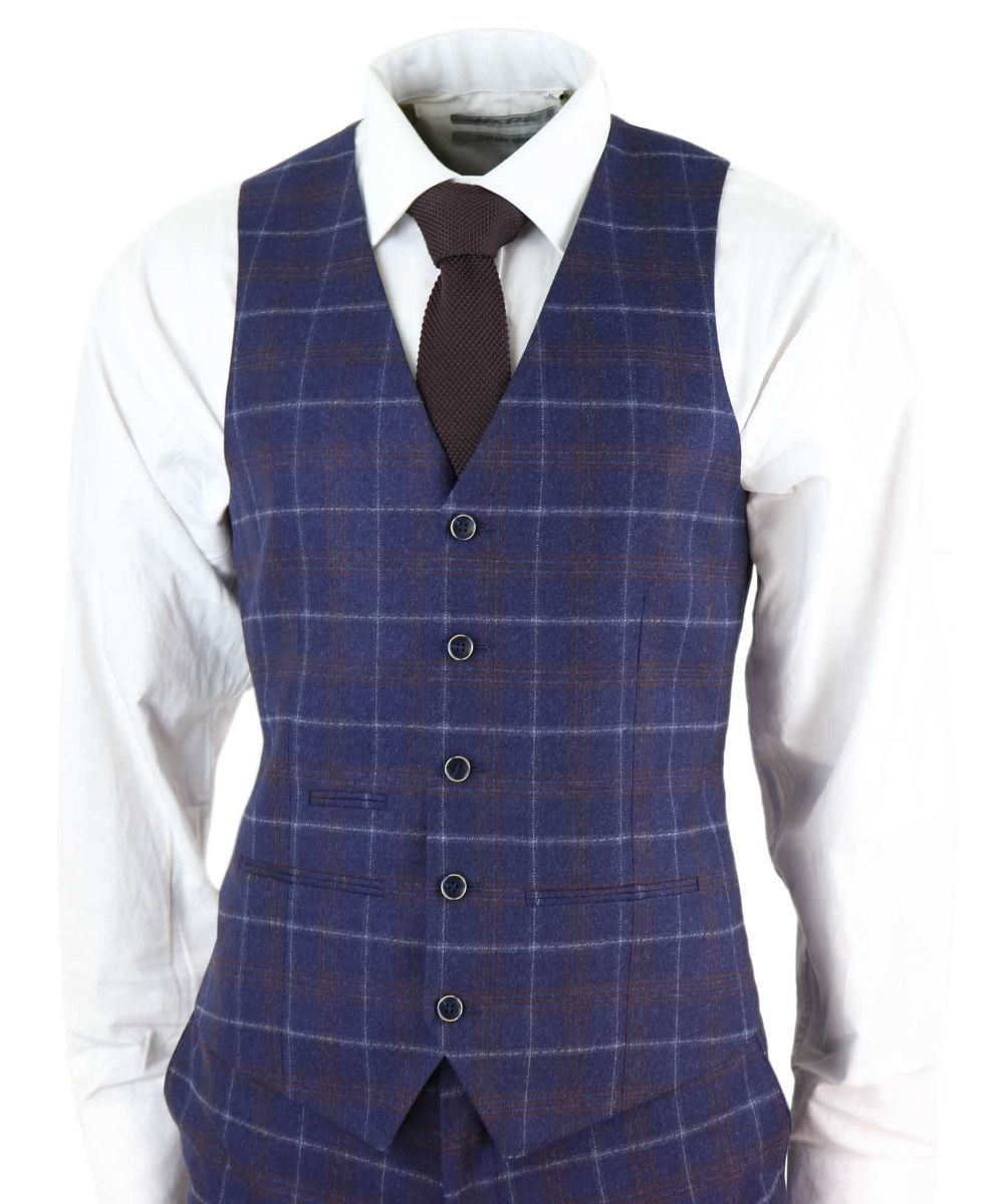 Mens 3 Piece Navy Blue Wool Check Retro Suit