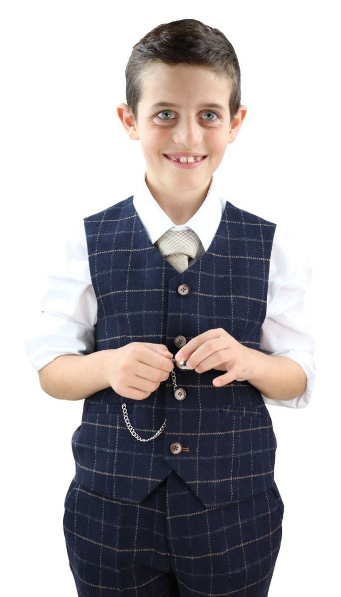 Boys 3 Piece Navy Blue Tweed Check Classic  Suit