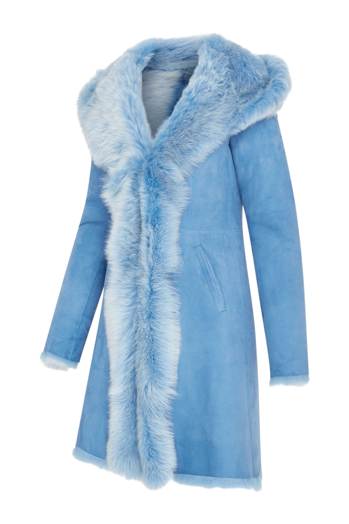 Womens Blue Toscana Sheepskin Suede Leather Hooded Trench Coat - Aura