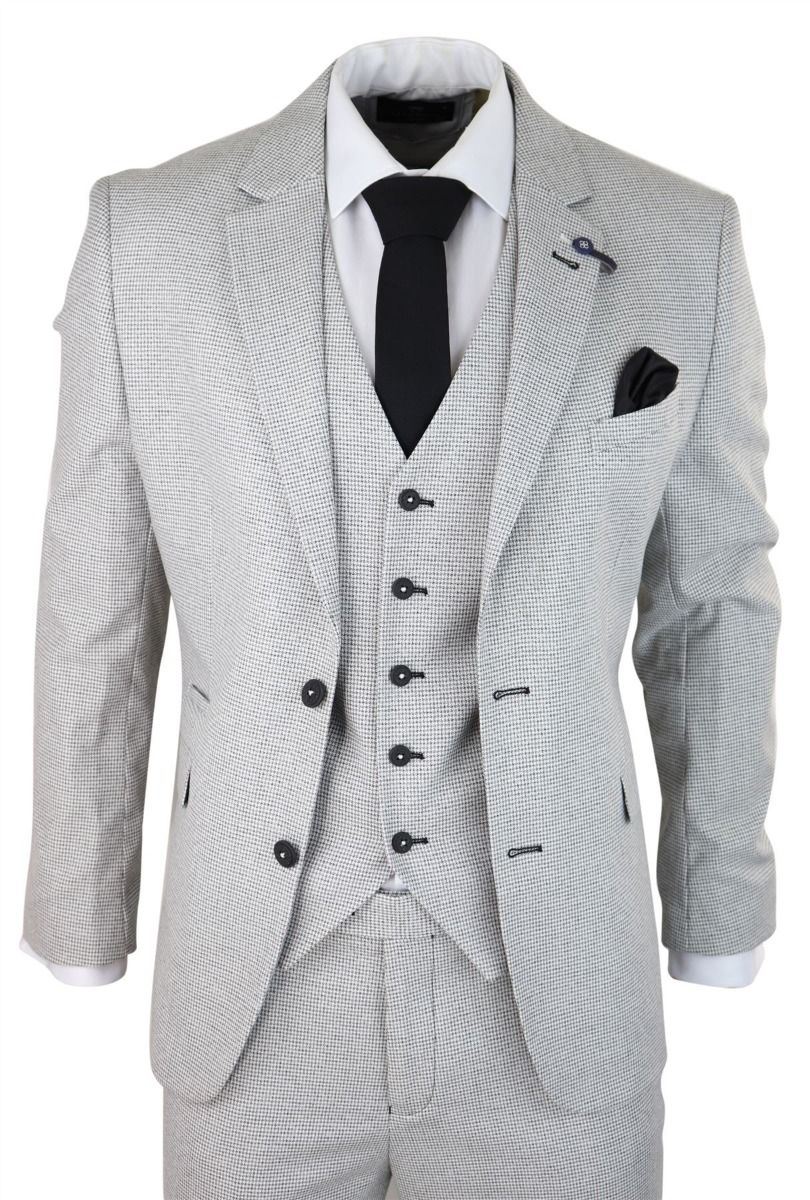 Mens 3 Piece Light Grey Check Tweed Retro Classic Suit - Upperclass Fashions 