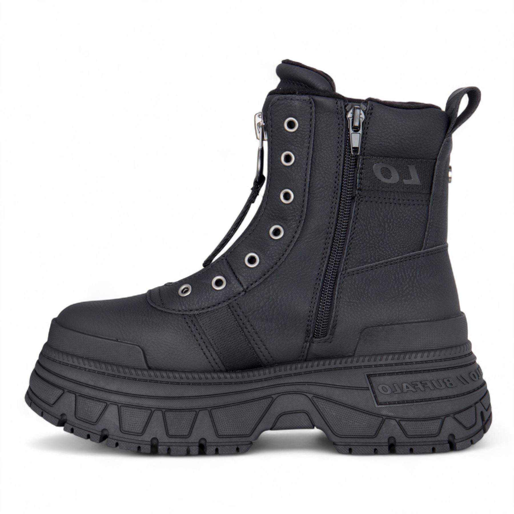 Buffalo Womens Black Chunky Platform Front Zip High Ankle Combat Boots - Fusion