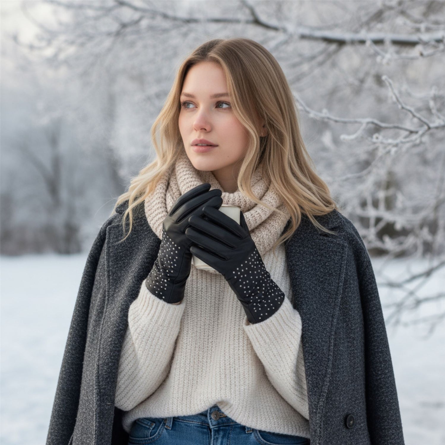 Womens Italian Leather Winter Studded Design Soft Wool Lining Gloves - L-GLV-601