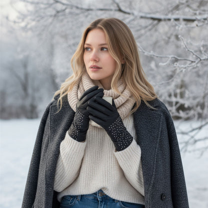 Womens Italian Leather Winter Studded Design Soft Wool Lining Gloves - L-GLV-601