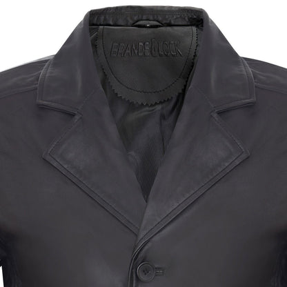 Mens Classic 3/4-Length Black Leather Overcoat-East Ham