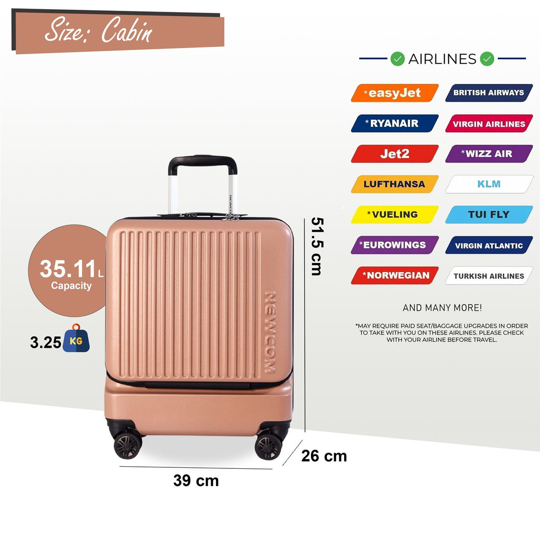 Durable EasyJet Ryanair 39 x 26 x 51.5 cm Pink Front Open Cabin Luggage Travel Suitcase