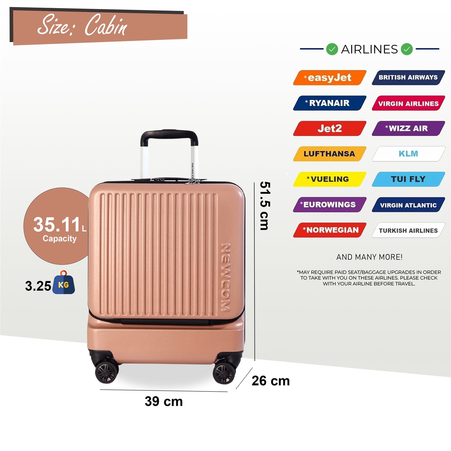 Durable EasyJet Ryanair 39 x 26 x 51.5 cm Pink Front Open Cabin Luggage Travel Suitcase