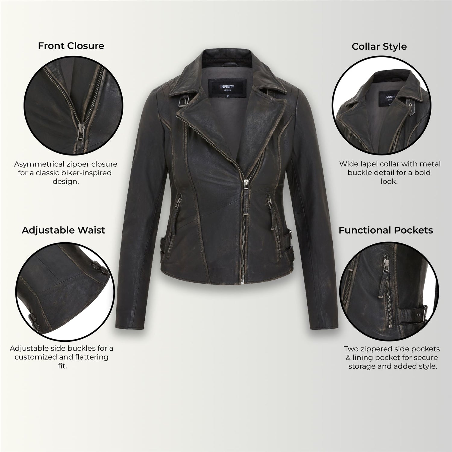 Womens Black Leather Brando Biker Jacket -  Finnsnes