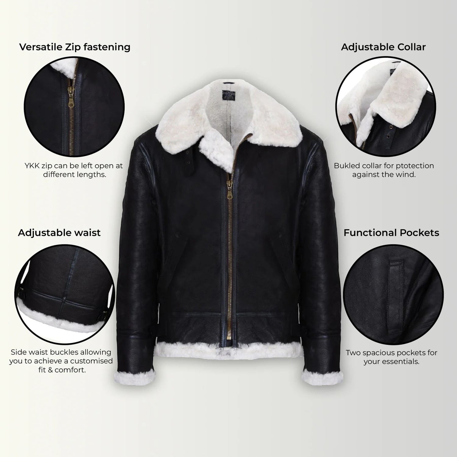 Mens Warm Sheepskin Aviator Zip-Up Flight Jacket-Harrogate
