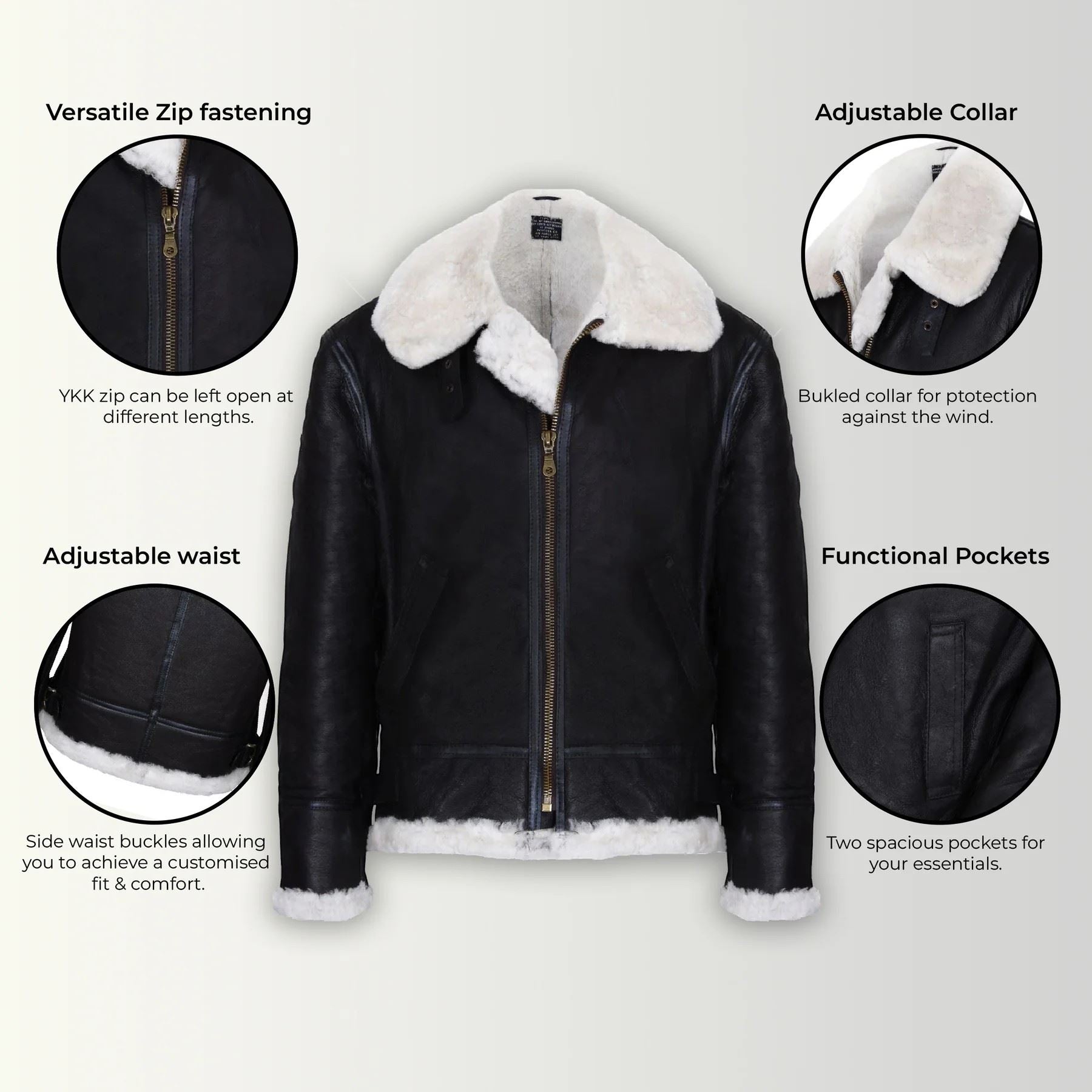 Mens Warm Sheepskin Aviator Zip-Up Flight Jacket-Harrogate