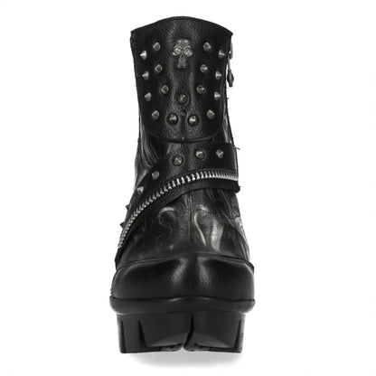 New Rock Womens NEOPUNK001-C19 Black Gothic Heeled Punk Leather Ankle Boots