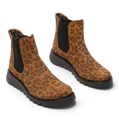 Fly London Womens Leopard Tan Chelsea Suede Leather Ankle Boots - SALV195