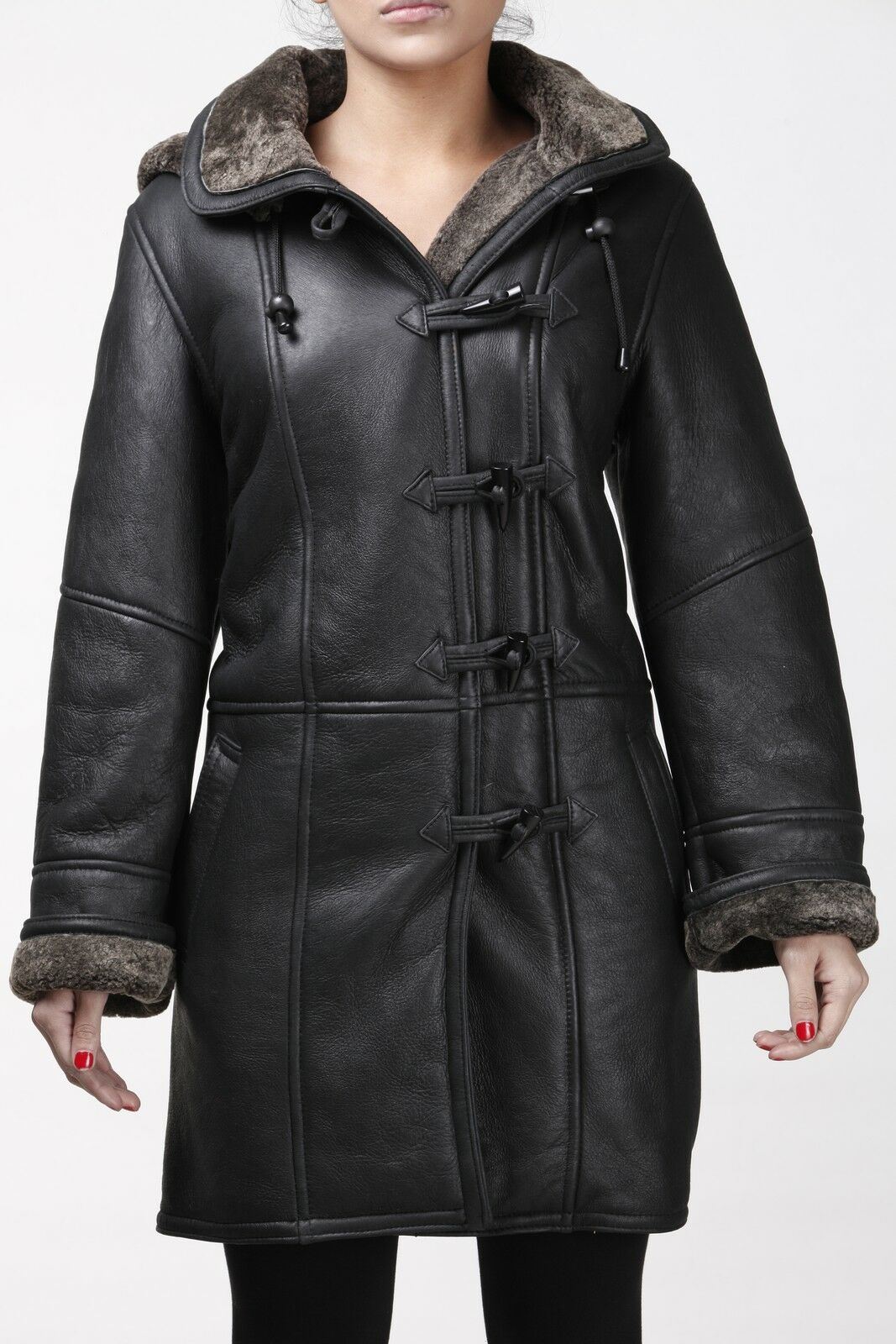 Womens Black Shearling Hooded Duffle Coat-Royston