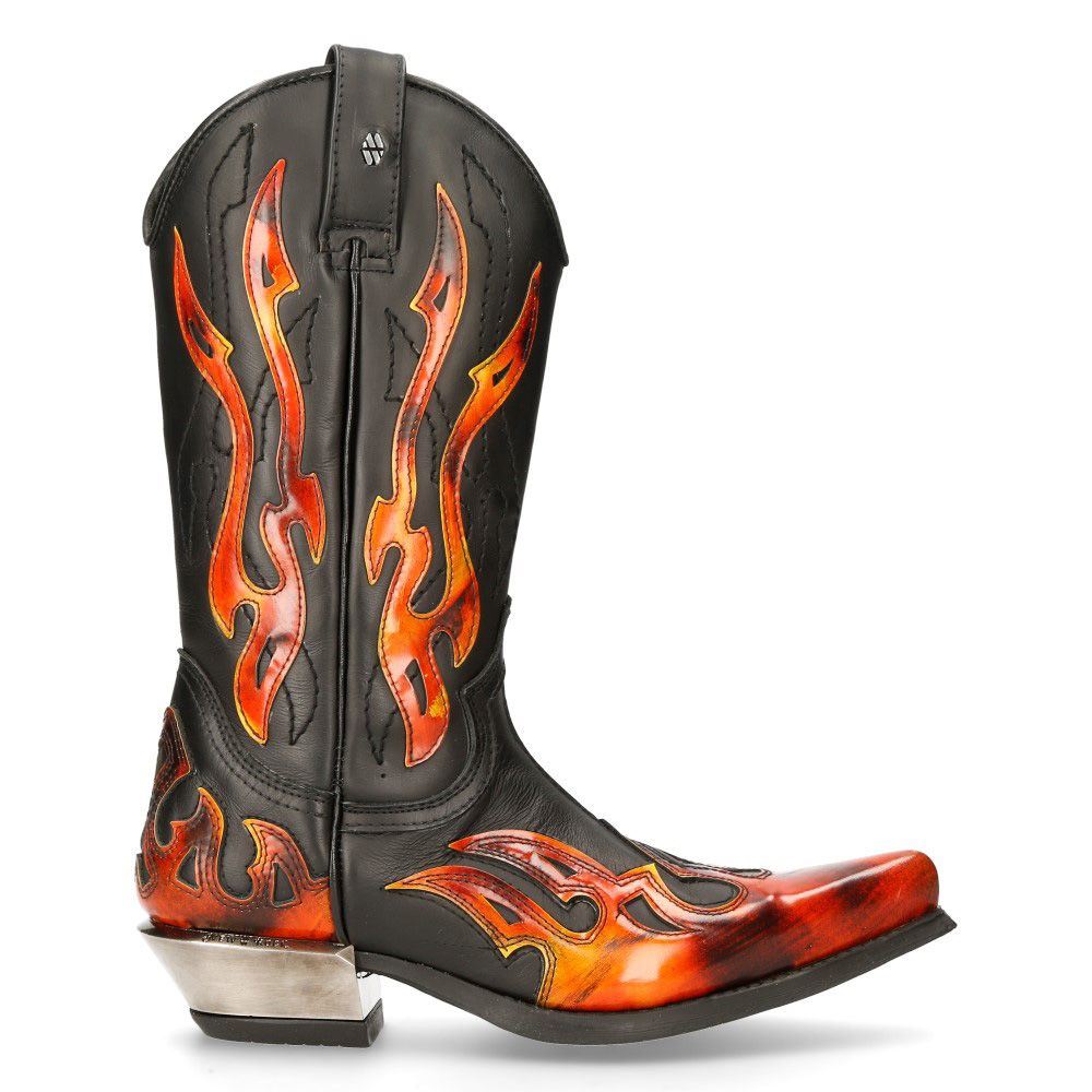 New Rock Flame Accented Black/Red Mid-Calf Cowboy Boots-7921-S2 - Upperclass Fashions 