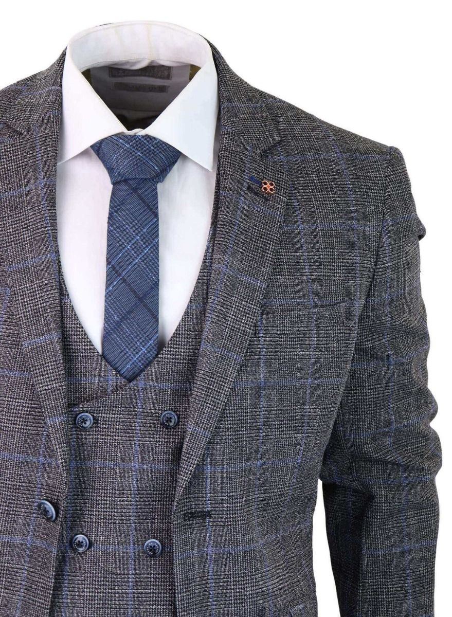 Mens 3 Piece Grey With Blue Check Tweed Vintage Classic Suit