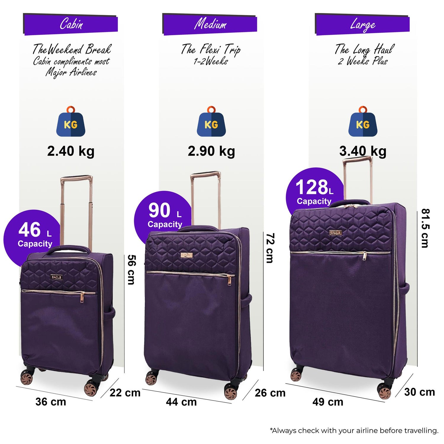 Birmingham Set of 3 Soft Shell Suitcase in Purple