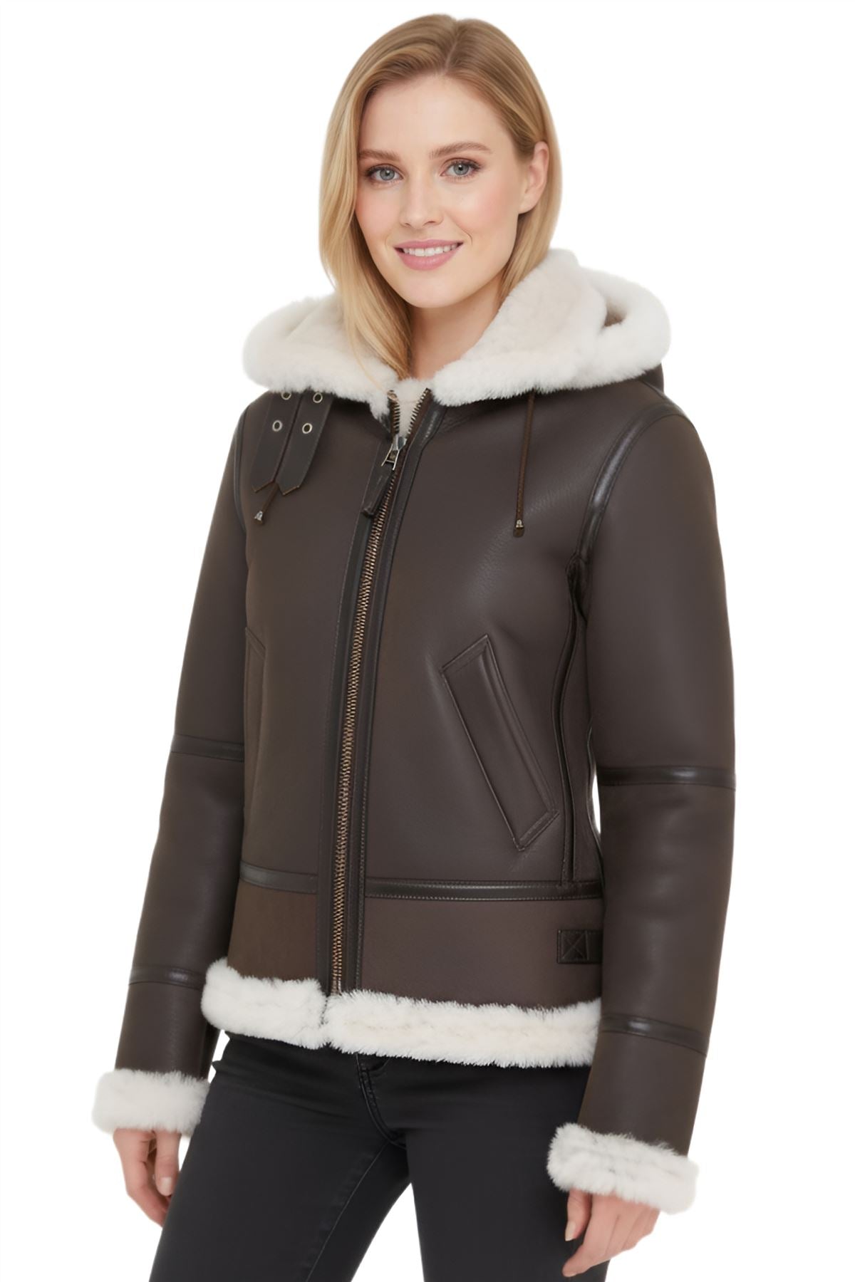 Womens Warmer Hooded Sheepskin Leather Jacket-Orford