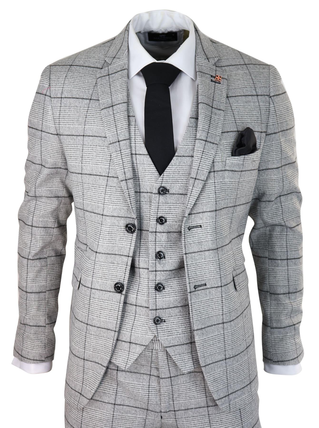 Mens 3 Piece Tweed Suit Grey Check Peaky Blinders 1920 Gatsby Wedding Suit